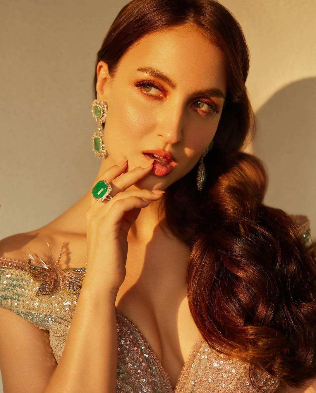 Bollywood Actress Elli AvrRam Images in Green Lehenga Choli